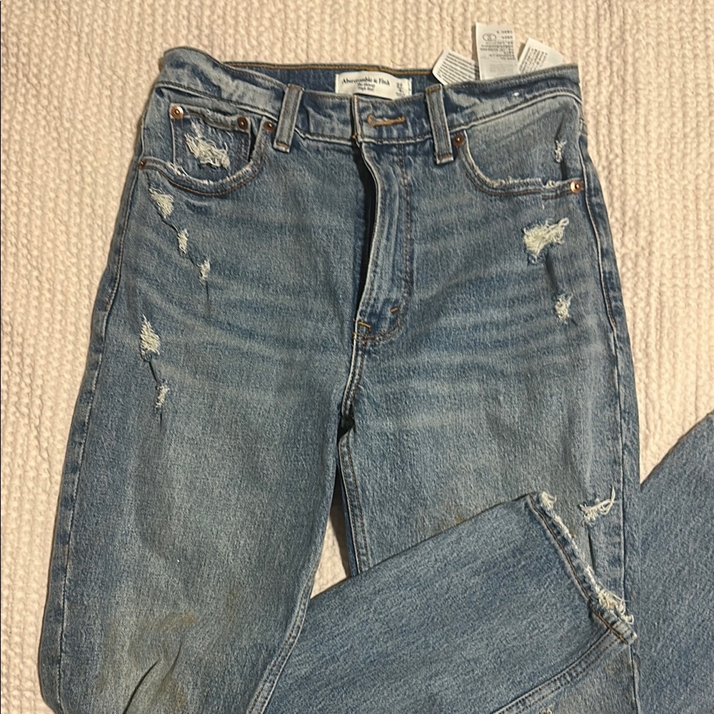 Abercrombie & Fitch Blue Straight Leg Jeans with Distressed Details